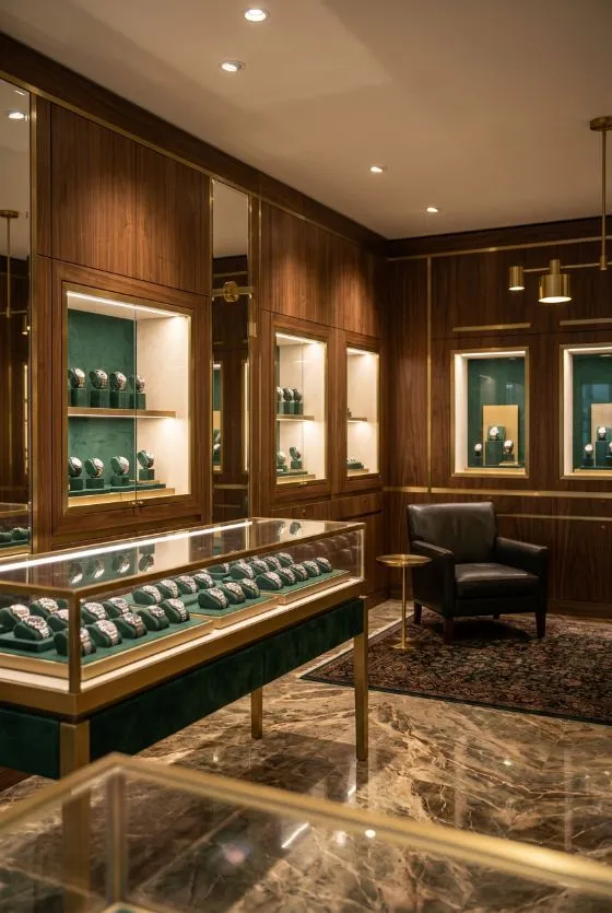 A watch boutique with wood and brass details and watches on display