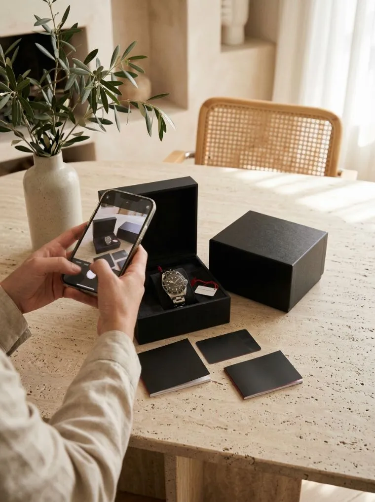 Hands filming a full-set watch with its box, warranty card and booklet on a table