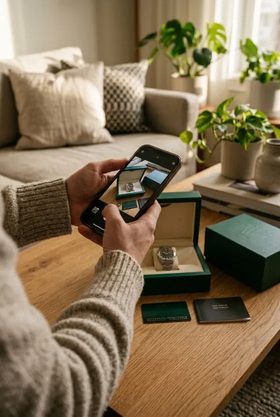 Hands filming a full-set watch with its box, warranty card and booklet on a coffee table at home
