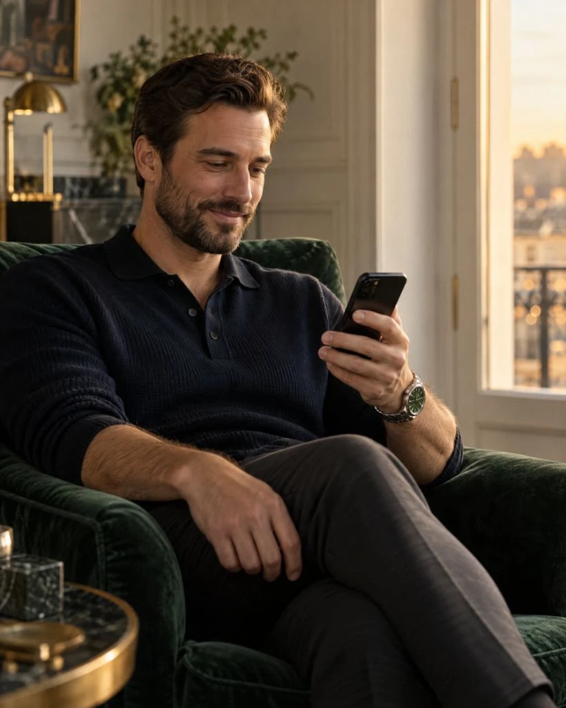 Koltukta oturan, bileğinde yeşil kadranlı saatle telefonuna gülümseyerek bakan bir adam