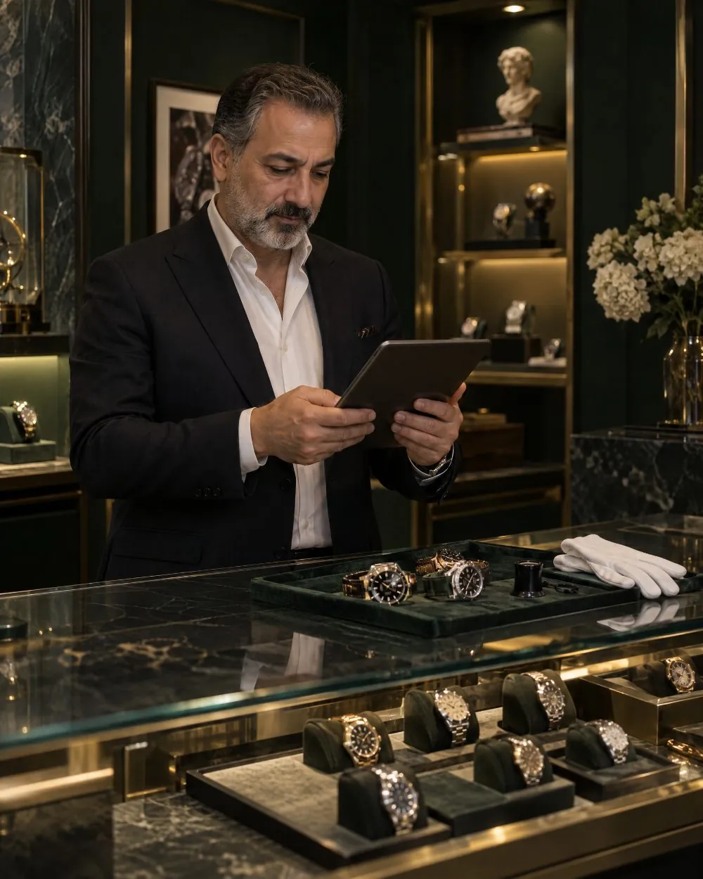 Saat mağazasında tezgâhın arkasında tabletinden yeni saatlere bakan mağaza sahibi