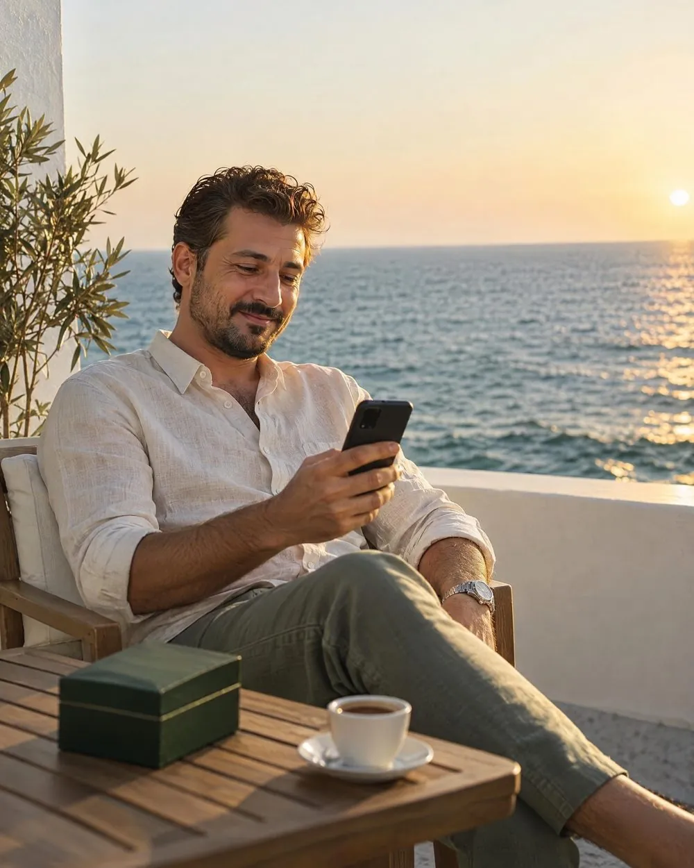 Deniz kenarındaki terasta telefonundaki teklif bildirimine rahatlamış bir ifadeyle bakan adam