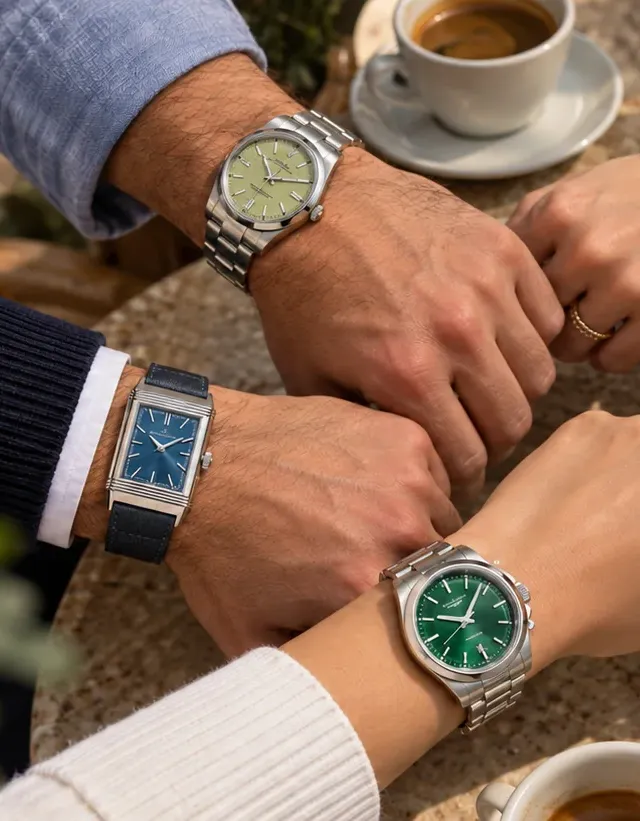 Watch lovers meeting around a table with watches on their wrists